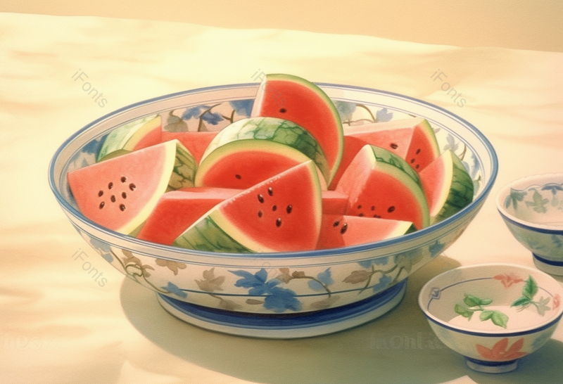 夏日桌面碗上放着西瓜在创意插画设计素材,插画/手绘图,插画/手绘图库,插画/手绘图下载,插画/手绘